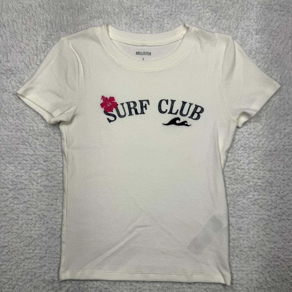 Hollister Surf Club Baby Tee T-Shirt Crew Neck White Women's Size Small